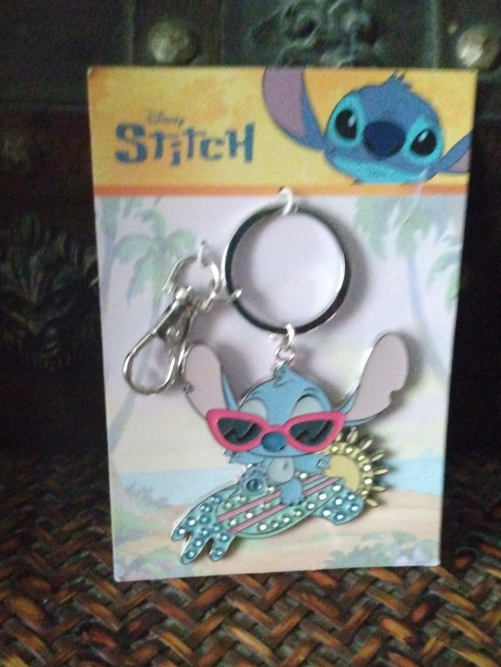 Disney Blue Stitch Keychain with Pink Sunglasses and Gold Sun Accent